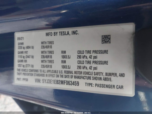 Aukcja sprzedaży 2021 Tesla Model 3 Long Range, vin: 5YJ3E1EB2MF063459, numer aukcji: 45368762