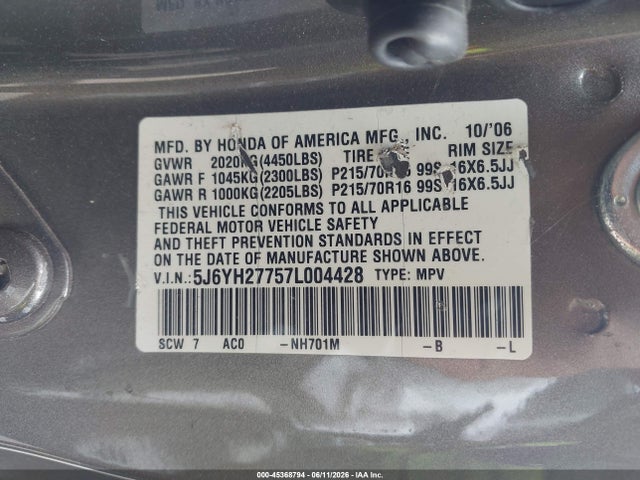 2007 Honda Element Ex მანქანა იყიდება აუქციონზე, vin: 5J6YH27757L004428, აუქციონის ნომერი: 45368794