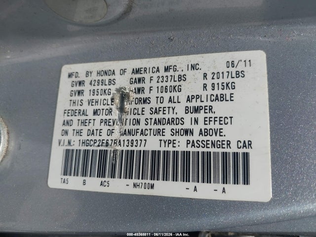 45368811 :رقم المزاد ، 1HGCP2F67BA139377 vin ، 2011 Honda Accord 2.4 Se مزاد بيع