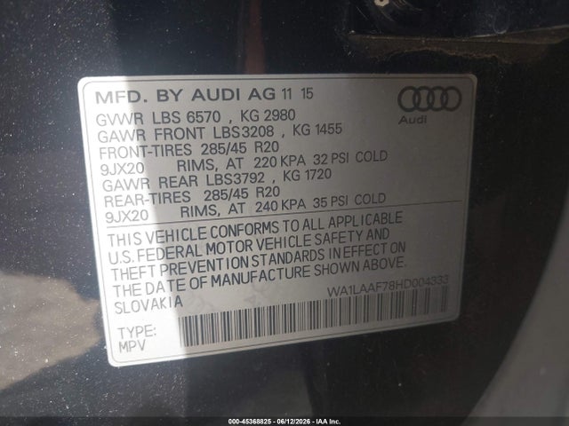 Продажа на аукционе авто 2017 Audi Q7 3.0t Premium, vin: WA1LAAF78HD004333, номер лота: 45368825