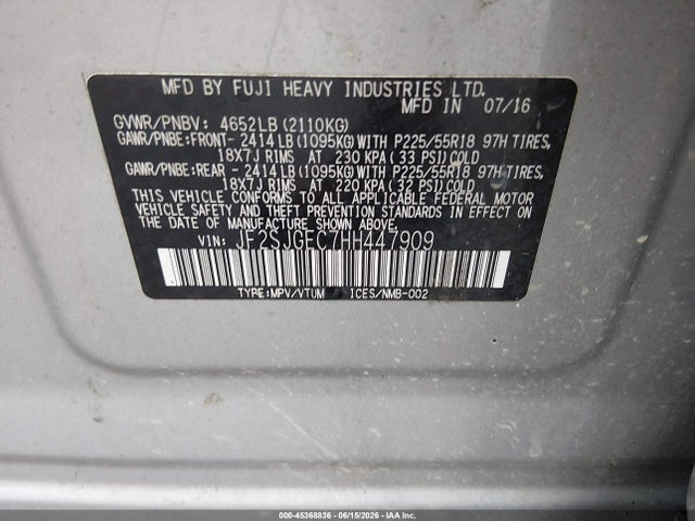 45368836 :رقم المزاد ، JF2SJGEC7HH447909 vin ، 2017 Subaru Forester 2.0xt Premium مزاد بيع