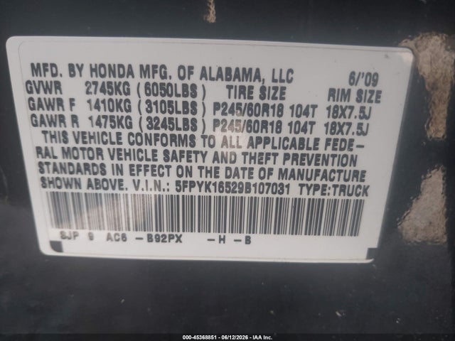 Aukcja sprzedaży 2009 Honda Ridgeline Rtl, vin: 5FPYK16529B107031, numer aukcji: 45368851