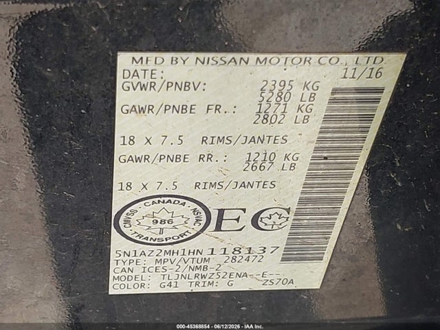 5N1AZ2MH1HN118137 Nissan Murano Platinum/s/sl/sv