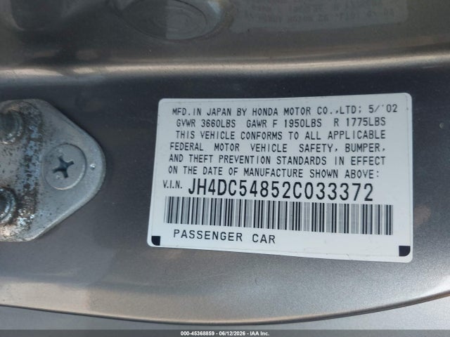 45368859 :رقم المزاد ، JH4DC54852C033372 vin ، 2002 Acura Rsx مزاد بيع