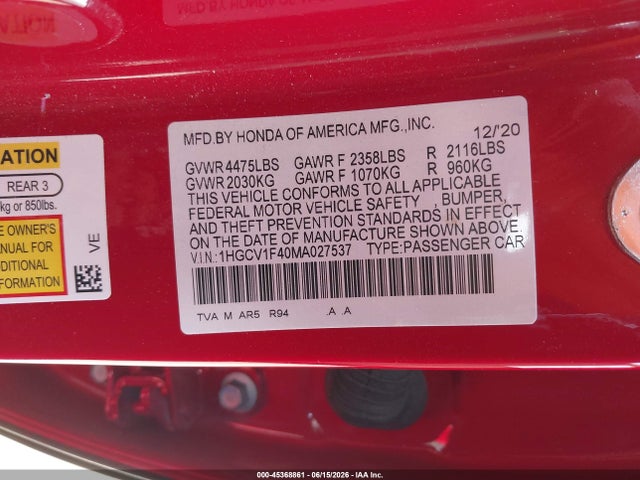 1HGCV1F40MA027537 Honda Accord Sport Special Edition
