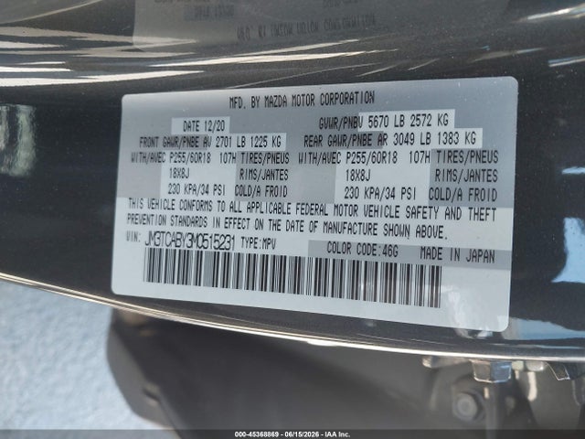 45368869 :رقم المزاد ، JM3TCABY3M0515231 vin ، 2021 Mazda Cx-9 Sport مزاد بيع