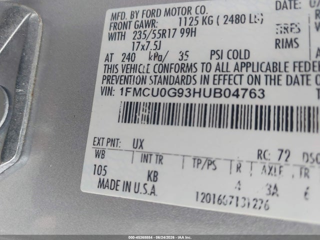 2017 Ford Escape Se მანქანა იყიდება აუქციონზე, vin: 1FMCU0G93HUB04763, აუქციონის ნომერი: 45368884