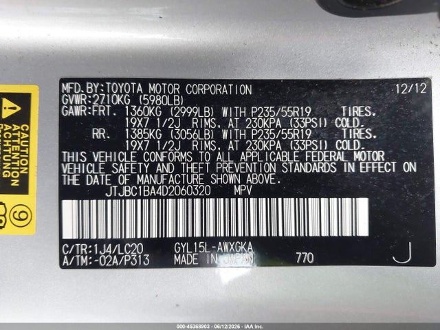 Продажа на аукционе авто 2013 Lexus Rx 450h, vin: JTJBC1BA4D2060320, номер лота: 45368903