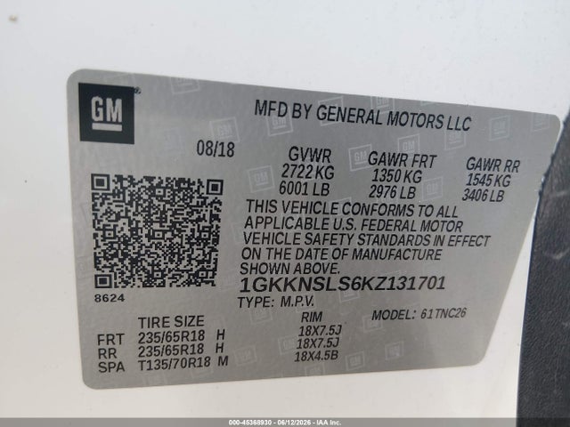 2019 Gmc Acadia Sle-2 მანქანა იყიდება აუქციონზე, vin: 1GKKNSLS6KZ131701, აუქციონის ნომერი: 45368930