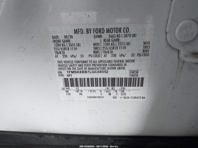 Продажа на аукционе авто 2020 Ford Explorer, vin: 1FMSK8BB7LGC68552, номер лота: 45368945