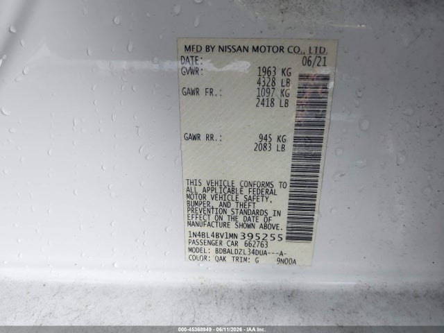 1N4BL4BV1MN395255 Nissan Altima S Fwd