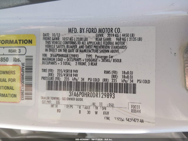 2013 Ford Fusion Se მანქანა იყიდება აუქციონზე, vin: 3FA6P0HR0DR129893, აუქციონის ნომერი: 45368961