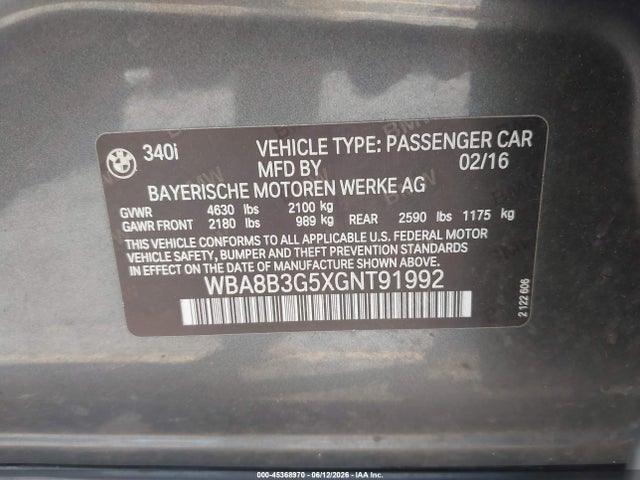 2016 Bmw 340i მანქანა იყიდება აუქციონზე, vin: WBA8B3G5XGNT91992, აუქციონის ნომერი: 45368970