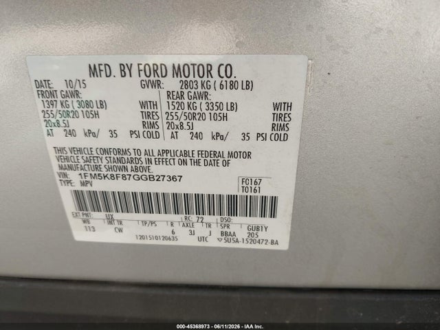 Aukcja sprzedaży 2016 Ford Explorer Limited, vin: 1FM5K8F87GGB27367, numer aukcji: 45368973