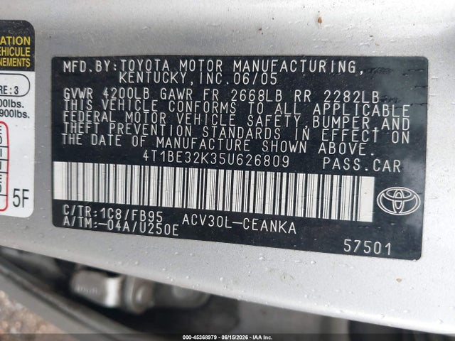 Aukcja sprzedaży 2005 Toyota Camry Le, vin: 4T1BE32K35U626809, numer aukcji: 45368979