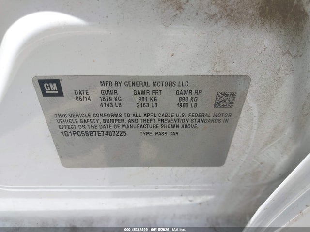 1G1PC5SB7E7407225 Chevrolet Cruze 1lt Auto