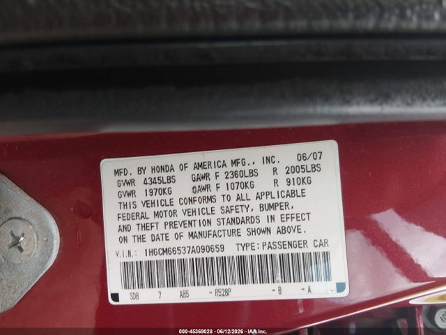 2007 Honda Accord 3.0 Ex მანქანა იყიდება აუქციონზე, vin: 1HGCM66537A090659, აუქციონის ნომერი: 45369028
