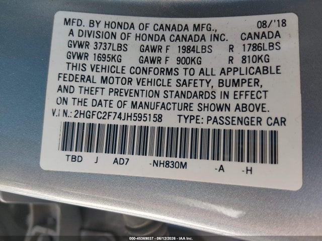 Honda CIVIC EX 2018 2HGFC2F74JH595158 Image 9