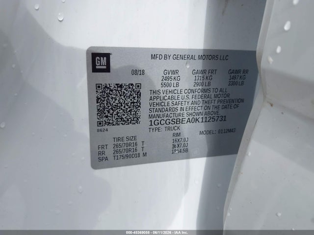Продаж на аукціоні авто 2019 Chevrolet Colorado Wt, vin: 1GCGSBEA0K1125731, номер лоту: 45369058