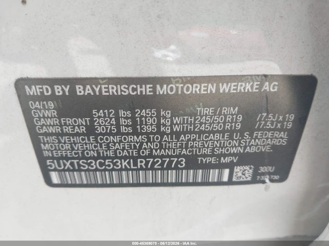 Продаж на аукціоні авто 2019 Bmw X3 M40i, vin: 5UXTS3C53KLR72773, номер лоту: 45369070