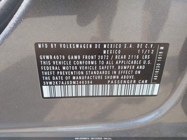 Aukcja sprzedaży 2013 Volkswagen Jetta 2.0l S, vin: 3VW2K7AJXDM246394, numer aukcji: 45369074