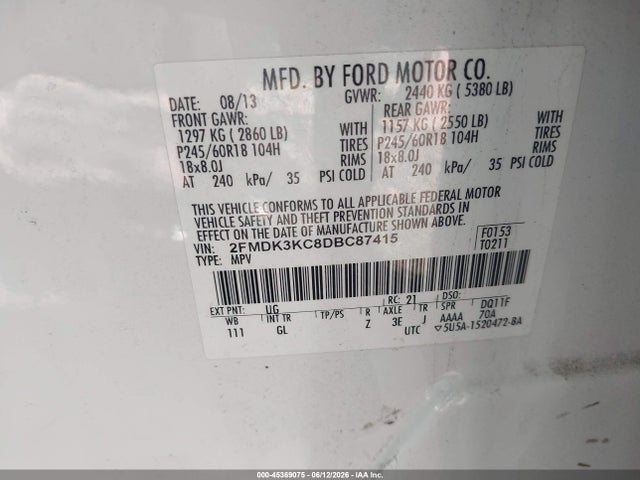 2013 Ford Edge Limited მანქანა იყიდება აუქციონზე, vin: 2FMDK3KC8DBC87415, აუქციონის ნომერი: 45369075