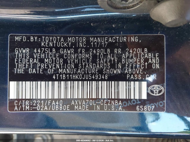 2018 Toyota Camry Le მანქანა იყიდება აუქციონზე, vin: 4T1B11HK0JU549348, აუქციონის ნომერი: 45369082