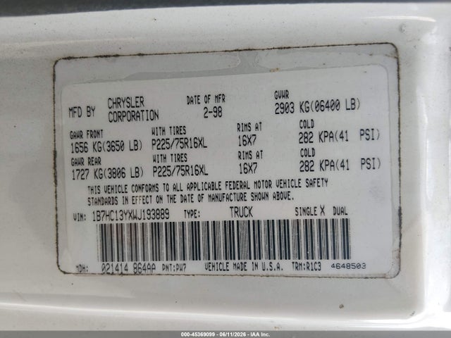 Auction sale of the 1998 Dodge Ram 1500 St, vin: 1B7HC13YXWJ193889, lot number: 45369099