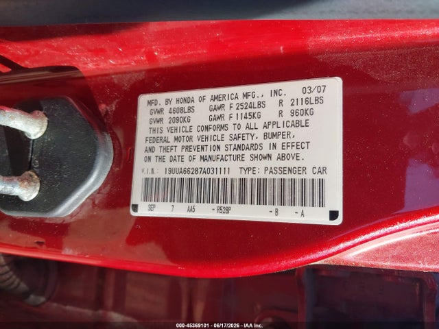 Aukcja sprzedaży 2007 Acura Tl 3.2, vin: 19UUA66287A031111, numer aukcji: 45369101