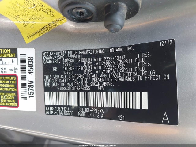 Продажа на аукционе авто 2013 Toyota Sienna Le V6 8 Passenger, vin: 5TDKK3DC4DS324855, номер лота: 45369102