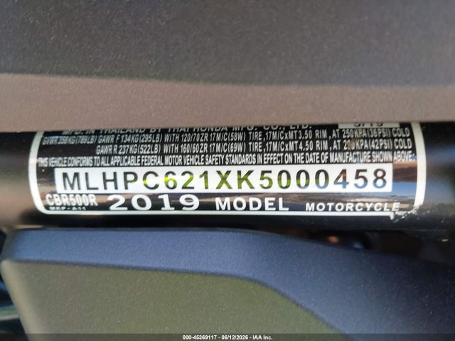 Aukcja sprzedaży 2019 Honda Cbr500 R, vin: MLHPC621XK5000458, numer aukcji: 45369117