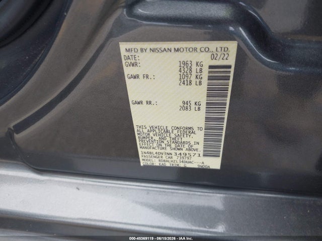 2022 Nissan Altima Sv Fwd მანქანა იყიდება აუქციონზე, vin: 1N4BL4DV3NN349571, აუქციონის ნომერი: 45369119