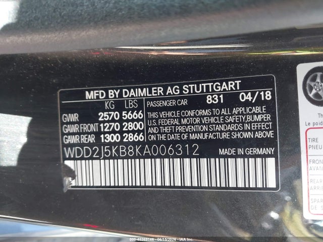 45369146 :رقم المزاد ، WDD2J5KB8KA006312 vin ، 2019 Mercedes-benz Cls 450 4matic مزاد بيع