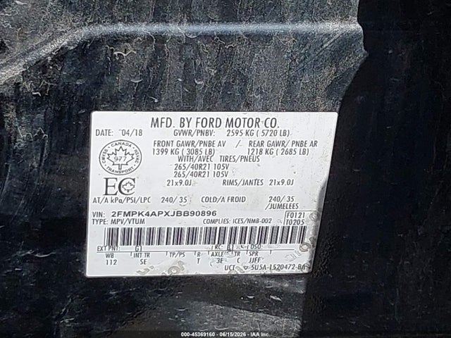 2018 Ford Edge Sport მანქანა იყიდება აუქციონზე, vin: 2FMPK4APXJBB90896, აუქციონის ნომერი: 45369160