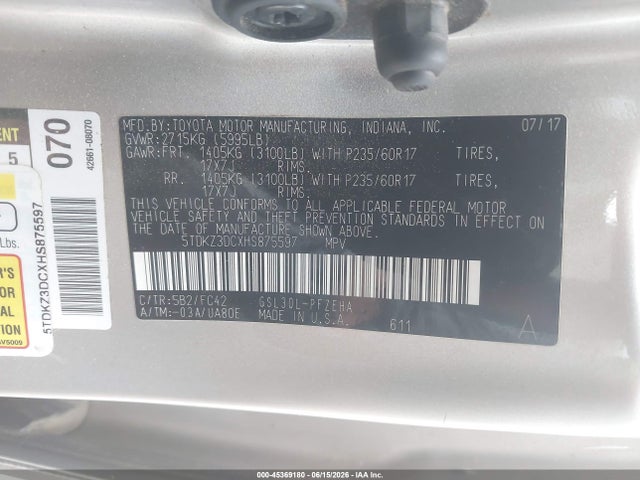 5TDKZ3DCXHS875597 Toyota Sienna Le 7 Passenger