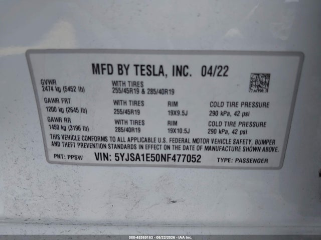 Tesla Model S Dual Motor All-wheel Drive 2022 5YJSA1E50NF477052 Image 9