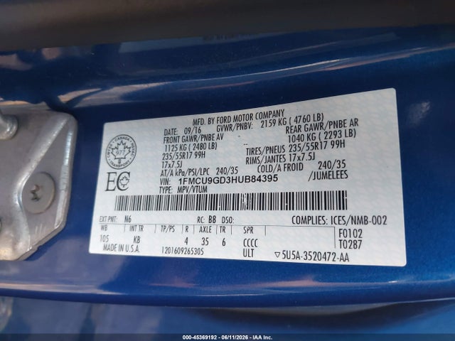 Aukcja sprzedaży 2017 Ford Escape Se, vin: 1FMCU9GD3HUB84395, numer aukcji: 45369192
