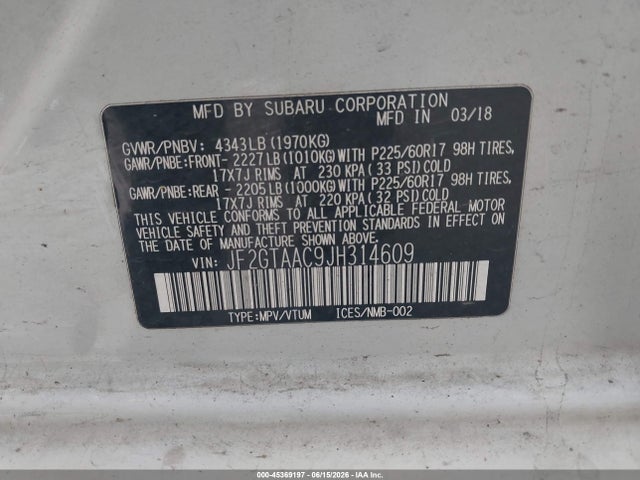 Aukcja sprzedaży 2018 Subaru Crosstrek 2.0i, vin: JF2GTAAC9JH314609, numer aukcji: 45369197