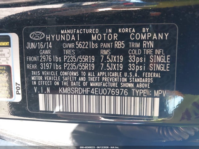 2014 Hyundai Santa Fe Limited მანქანა იყიდება აუქციონზე, vin: KM8SRDHF4EU076976, აუქციონის ნომერი: 45369223