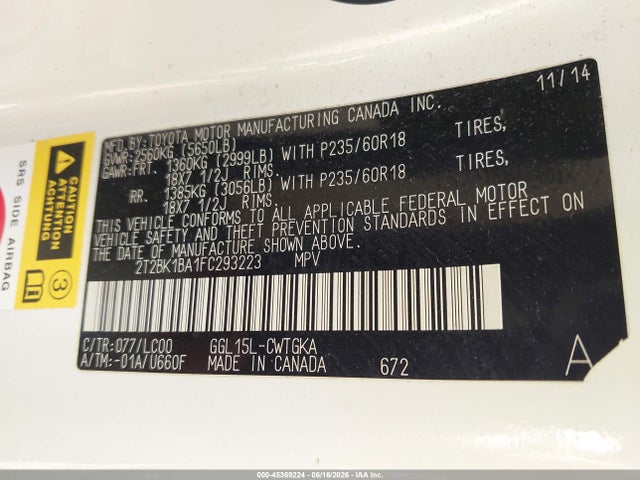 Aukcja sprzedaży 2015 Lexus Rx 350, vin: 2T2BK1BA1FC293223, numer aukcji: 45369224