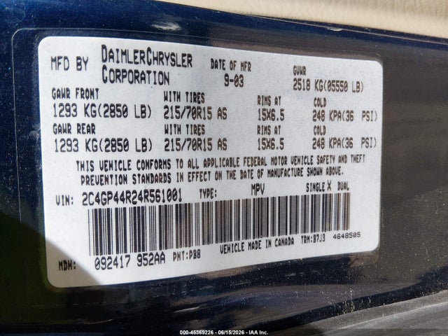 2004 Chrysler Town & Country Lx მანქანა იყიდება აუქციონზე, vin: 2C4GP44R24R561001, აუქციონის ნომერი: 45369226