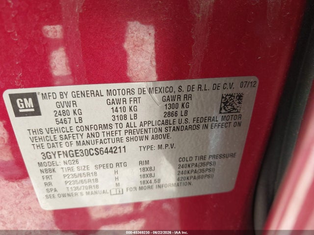 2012 Cadillac Srx Standard მანქანა იყიდება აუქციონზე, vin: 3GYFNGE30CS644211, აუქციონის ნომერი: 45369230