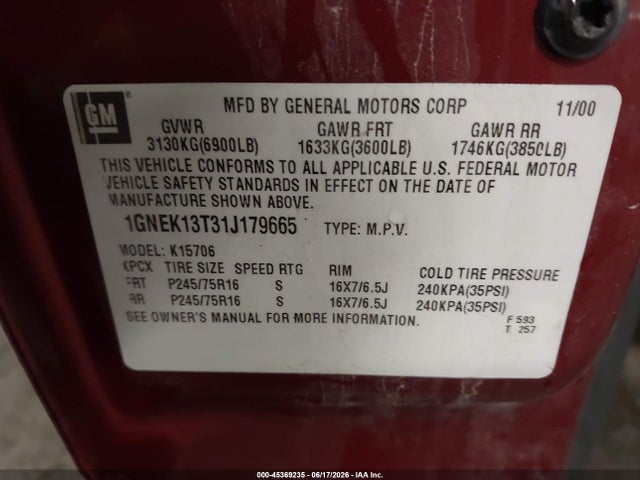 Продаж на аукціоні авто 2001 Chevrolet Tahoe Lt, vin: 1GNEK13T31J179665, номер лоту: 45369235