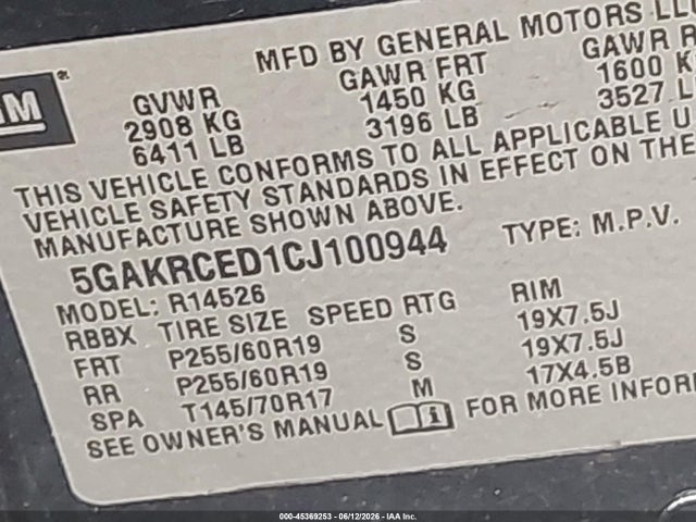 Продаж на аукціоні авто 2012 Buick Enclave Leather, vin: 5GAKRCED1CJ100944, номер лоту: 45369253