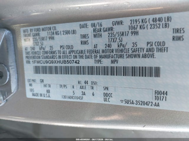Ford ESCAPE SE 2017 1FMCU9G9XHUB50742 Image 9