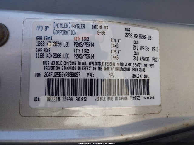 Aukcja sprzedaży 2000 Chrysler Voyager, vin: 2C4FJ25B6YR898697, numer aukcji: 45369281