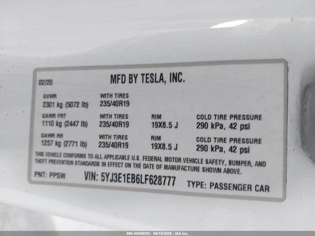 Продажа на аукционе авто 2020 Tesla Model 3 Long Range Dual Motor All-wheel Drive, vin: 5YJ3E1EB6LF628777, номер лота: 45369282