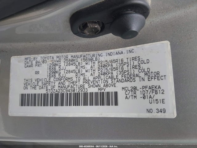 2004 Toyota Sienna Le მანქანა იყიდება აუქციონზე, vin: 5TDZA23C94S012933, აუქციონის ნომერი: 45369304