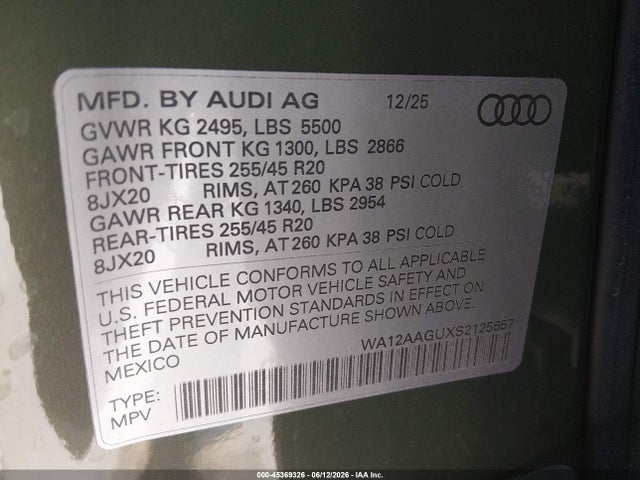 Aukcja sprzedaży 2025 Audi All-new Q5 Premium Plus Tfsi Quattro S Tronic, vin: WA12AAGUXS2125657, numer aukcji: 45369326