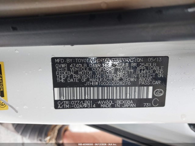 Продаж на аукціоні авто 2013 Lexus Es 300h, vin: JTHBW1GG2D2028276, номер лоту: 45369355